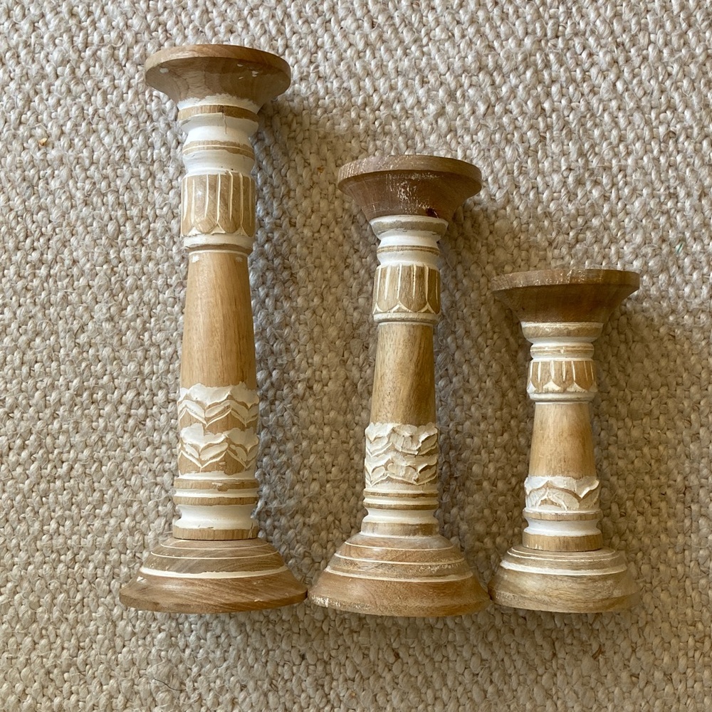 Hand-Carved Wooden Candlestick Set - Natural & White